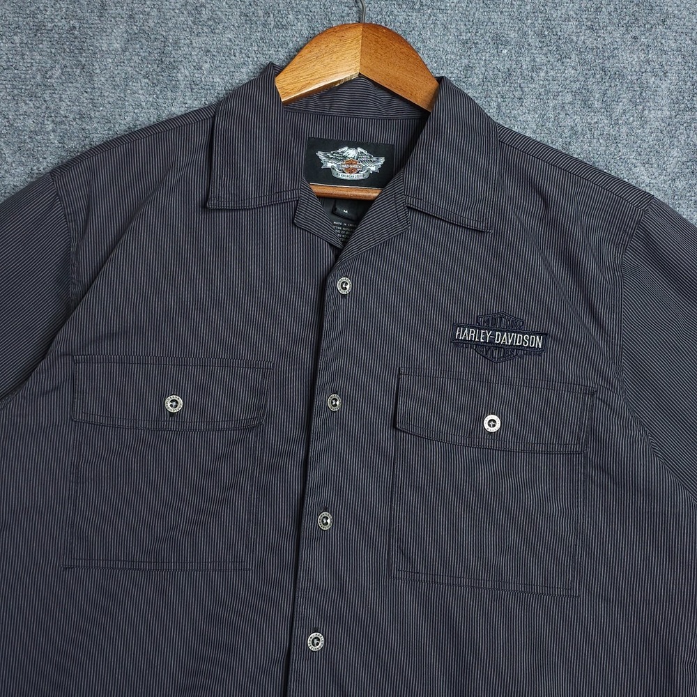 Harley Davidson Button Up Shirt Mens Medium Black Pinstripe Embroidered Logo